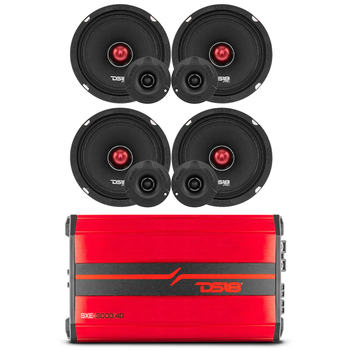 DS18 Four 6.5" 250W RMS Speakers + Four 60W RMS Tweeters and 3000W Amplifier